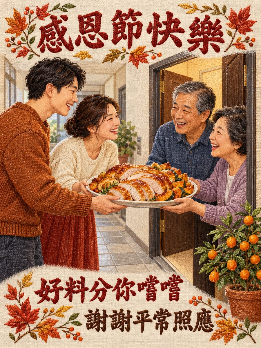 鄰居送來的感恩大餐。圖中文字：感恩節快樂，好料分你嚐嚐，謝謝平常照應