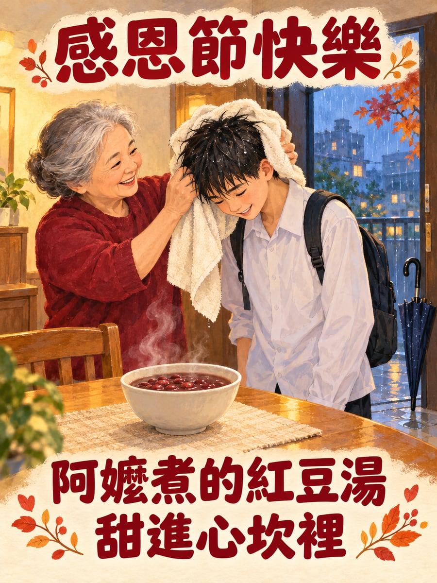 阿嬤的紅豆湯。圖中文字：感恩節快樂，阿嬤煮的紅豆湯，甜進心坎裡