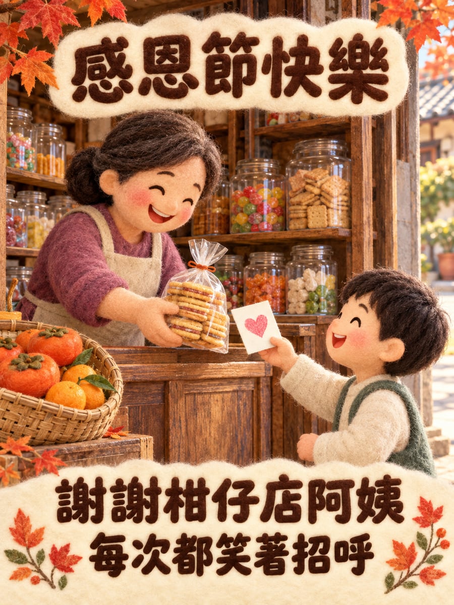 柑仔店的阿姨。圖中文字：感恩節快樂，謝謝柑仔店阿姨，每次都笑著招呼