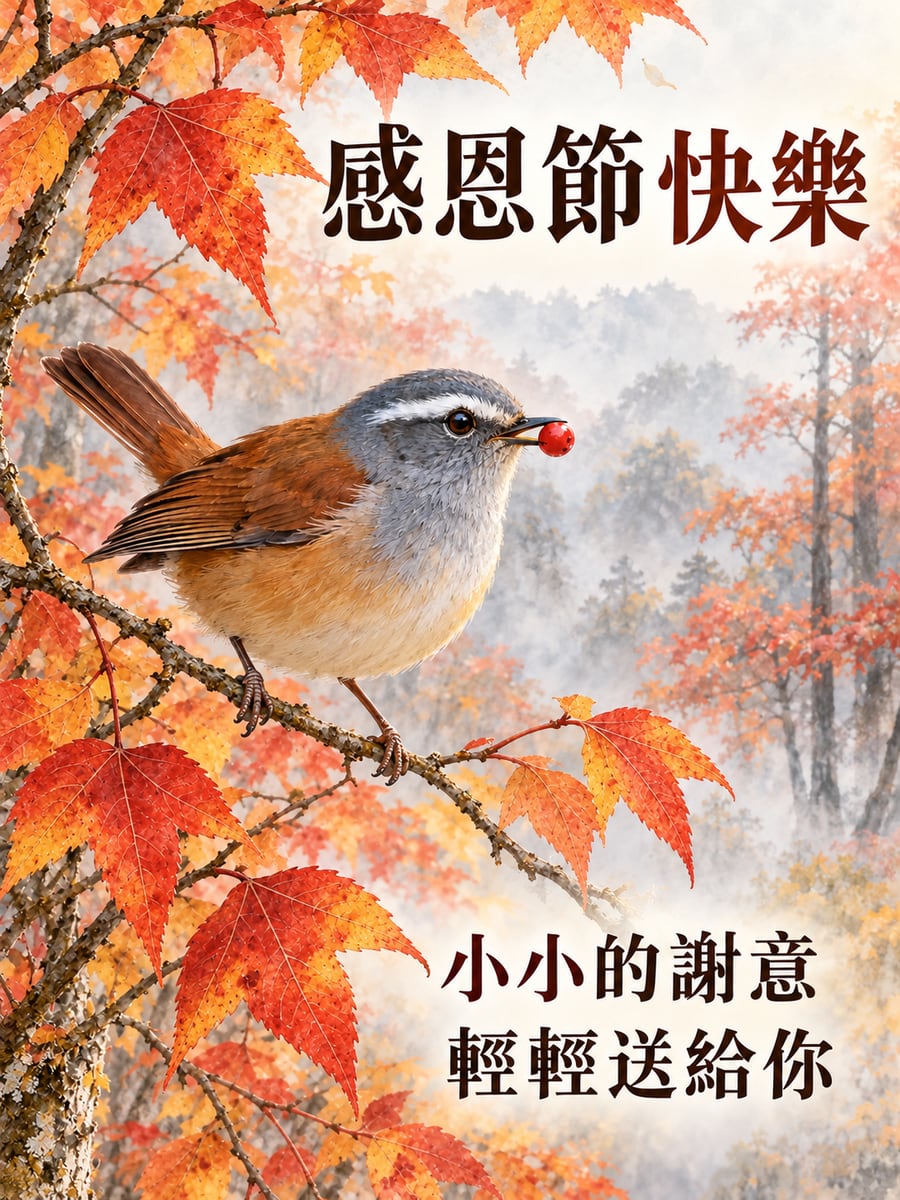 楓香枝頭叼紅果的小鳥。圖中文字：感恩節快樂，小小的謝意，輕輕送給你