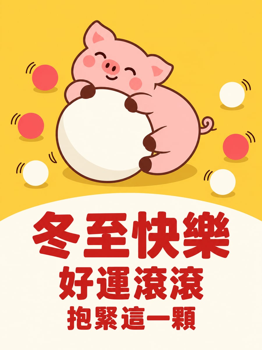 粉紅小豬抱著一顆大湯圓。圖中文字：冬至快樂，好運滾滾，抱緊這一顆