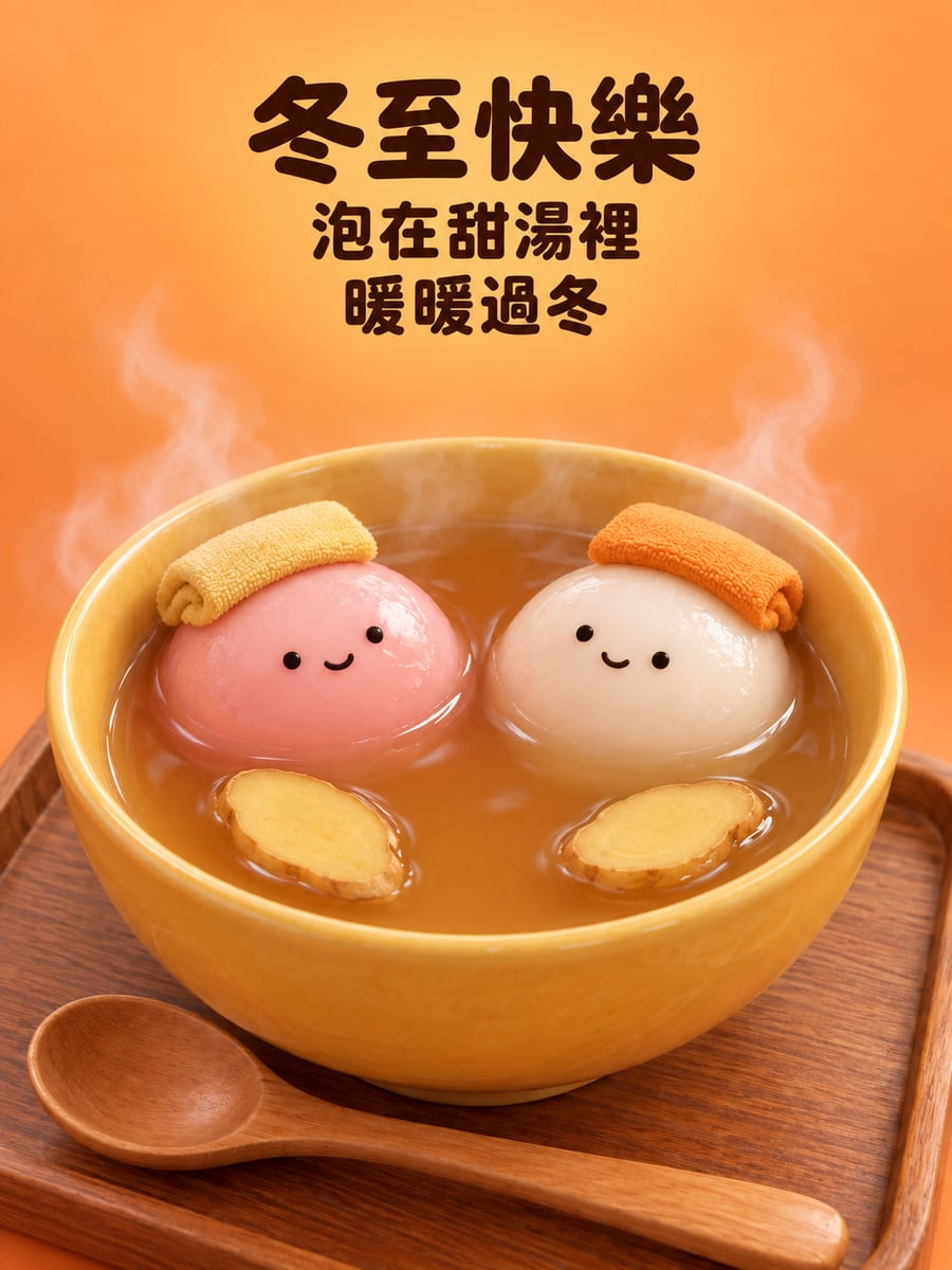 紅白湯圓把甜湯碗當溫泉泡。圖中文字：冬至快樂，泡在甜湯裡，暖暖過冬
