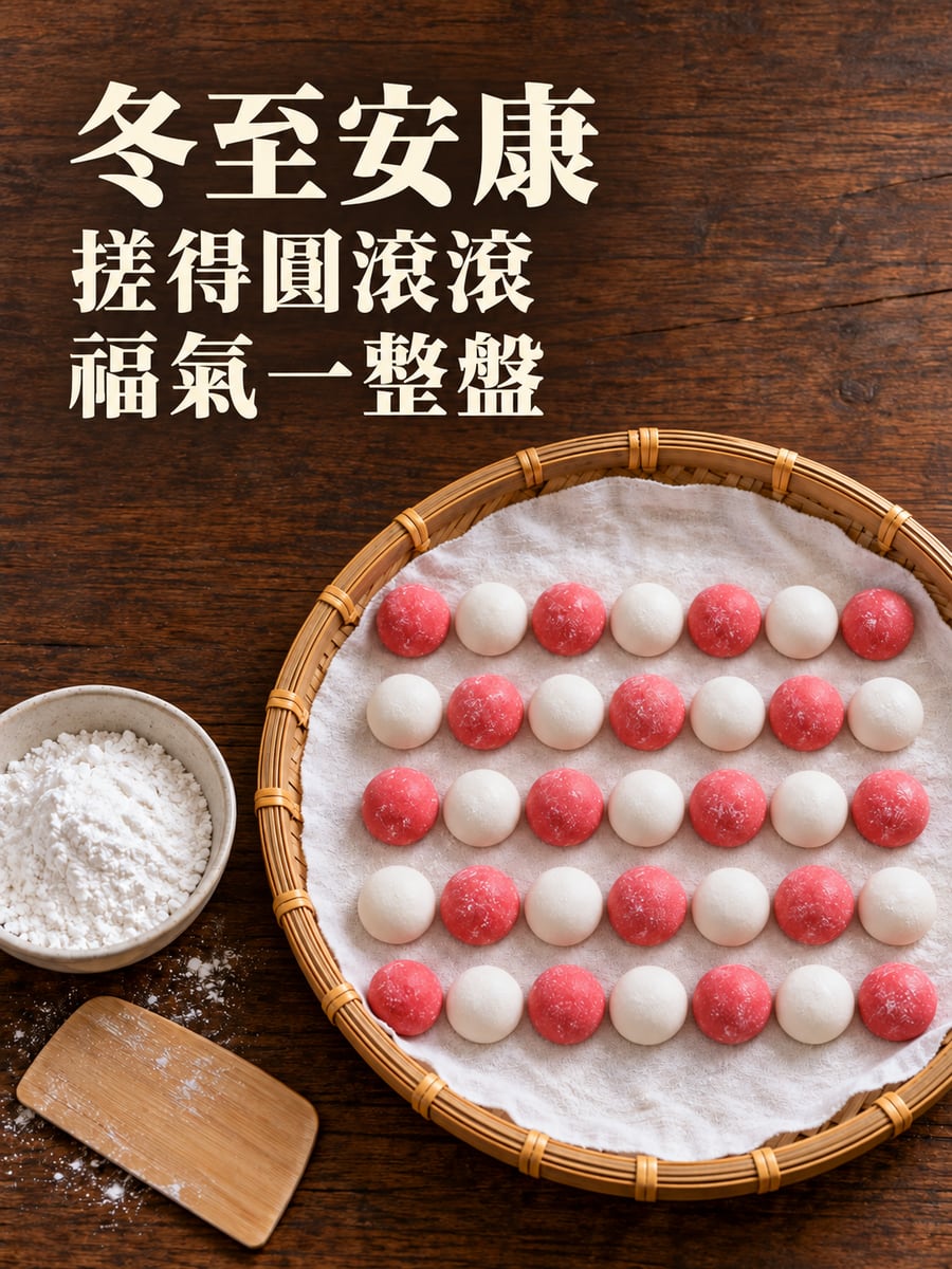 竹篩上排隊的湯圓。圖中文字：冬至安康，搓得圓滾滾，福氣一整盤