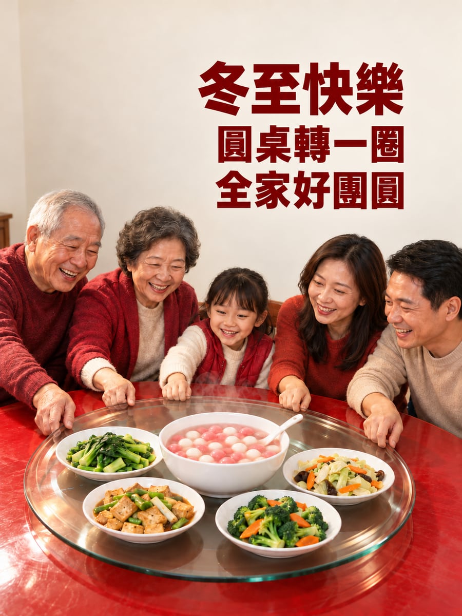 圓桌轉盤上的甜湯。圖中文字：冬至快樂，圓桌轉一圈，全家好團圓