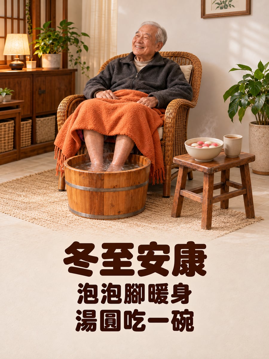 泡腳配湯圓。圖中文字：冬至安康，泡泡腳暖身，湯圓吃一碗