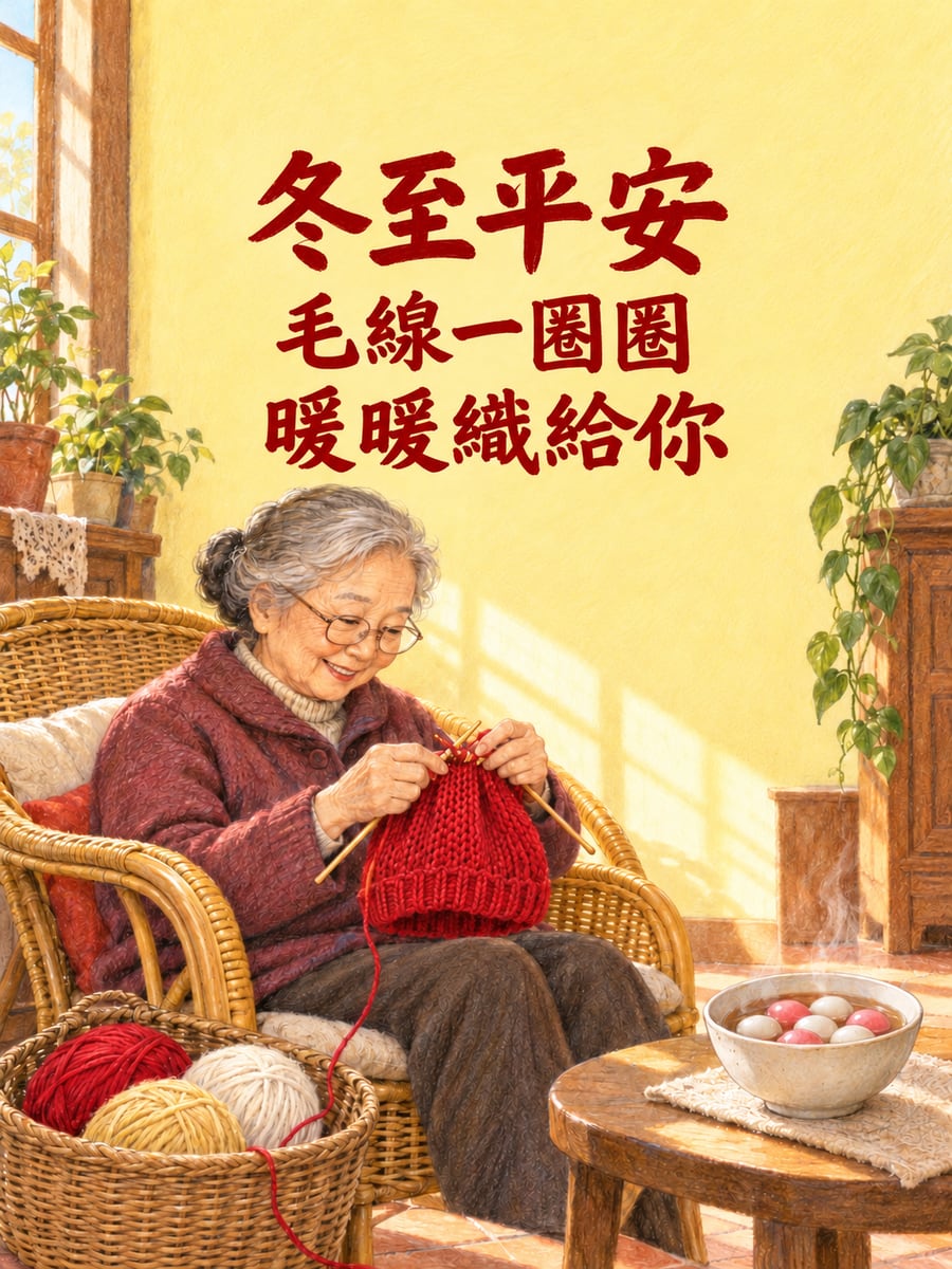 阿嬤織毛帽。圖中文字：冬至平安，毛線一圈圈，暖暖織給你