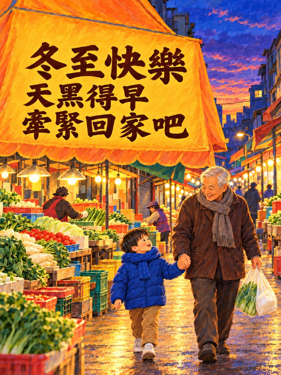 黃昏市場牽孫子。圖中文字：冬至快樂，天黑得早，牽緊回家吧