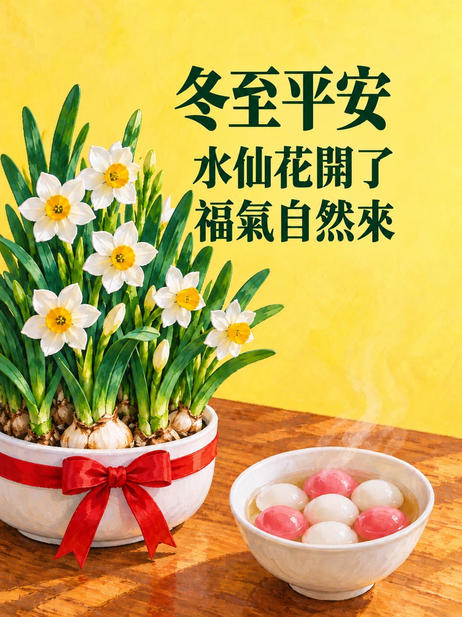 水仙花開。圖中文字：冬至平安，水仙花開了，福氣自然來