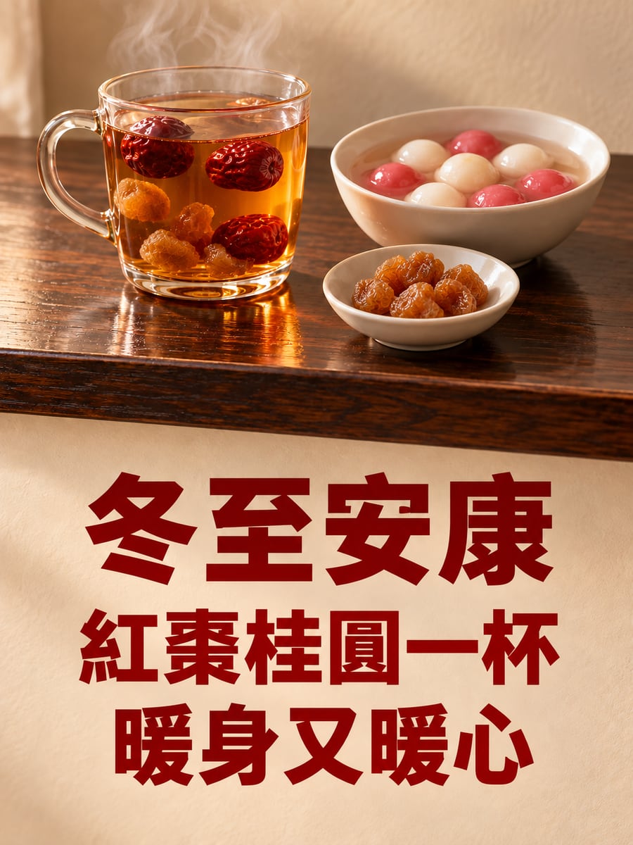 紅棗桂圓茶。圖中文字：冬至安康，紅棗桂圓一杯，暖身又暖心