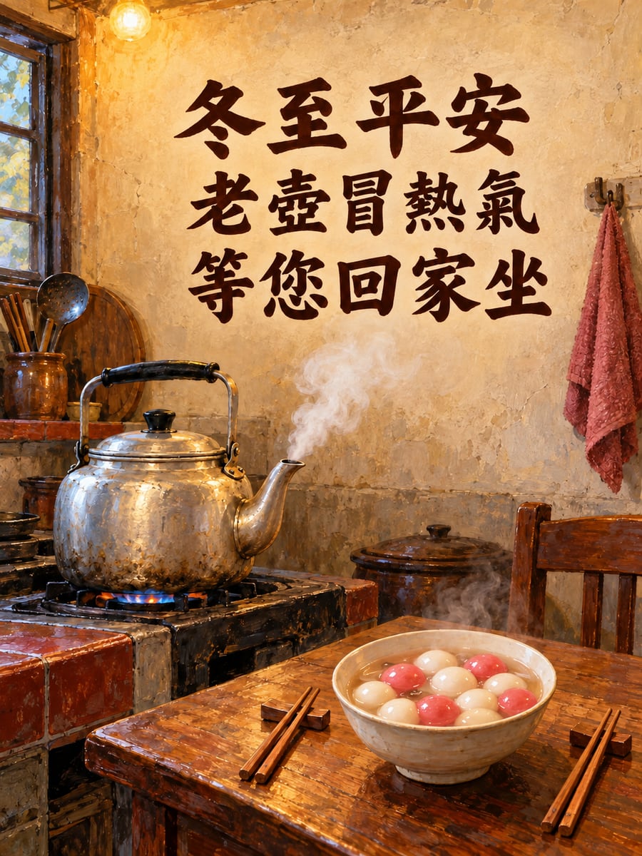 爐台上的老鋁壺。圖中文字：冬至平安，老壺冒熱氣，等您回家坐