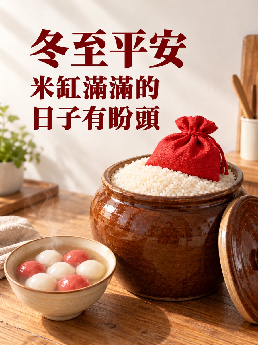 米缸滿滿。圖中文字：冬至平安，米缸滿滿的，日子有盼頭
