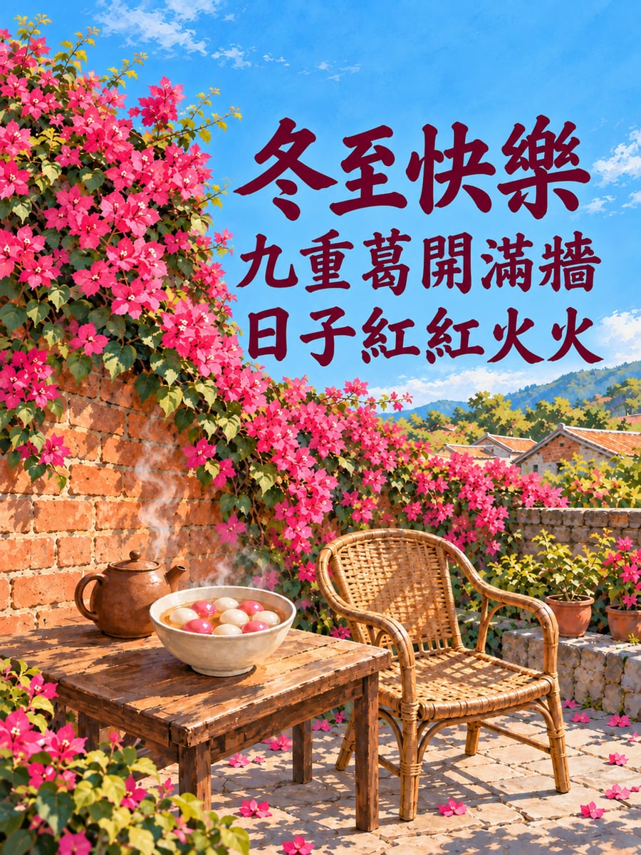 九重葛開滿牆。圖中文字：冬至快樂，九重葛開滿牆，日子紅紅火火