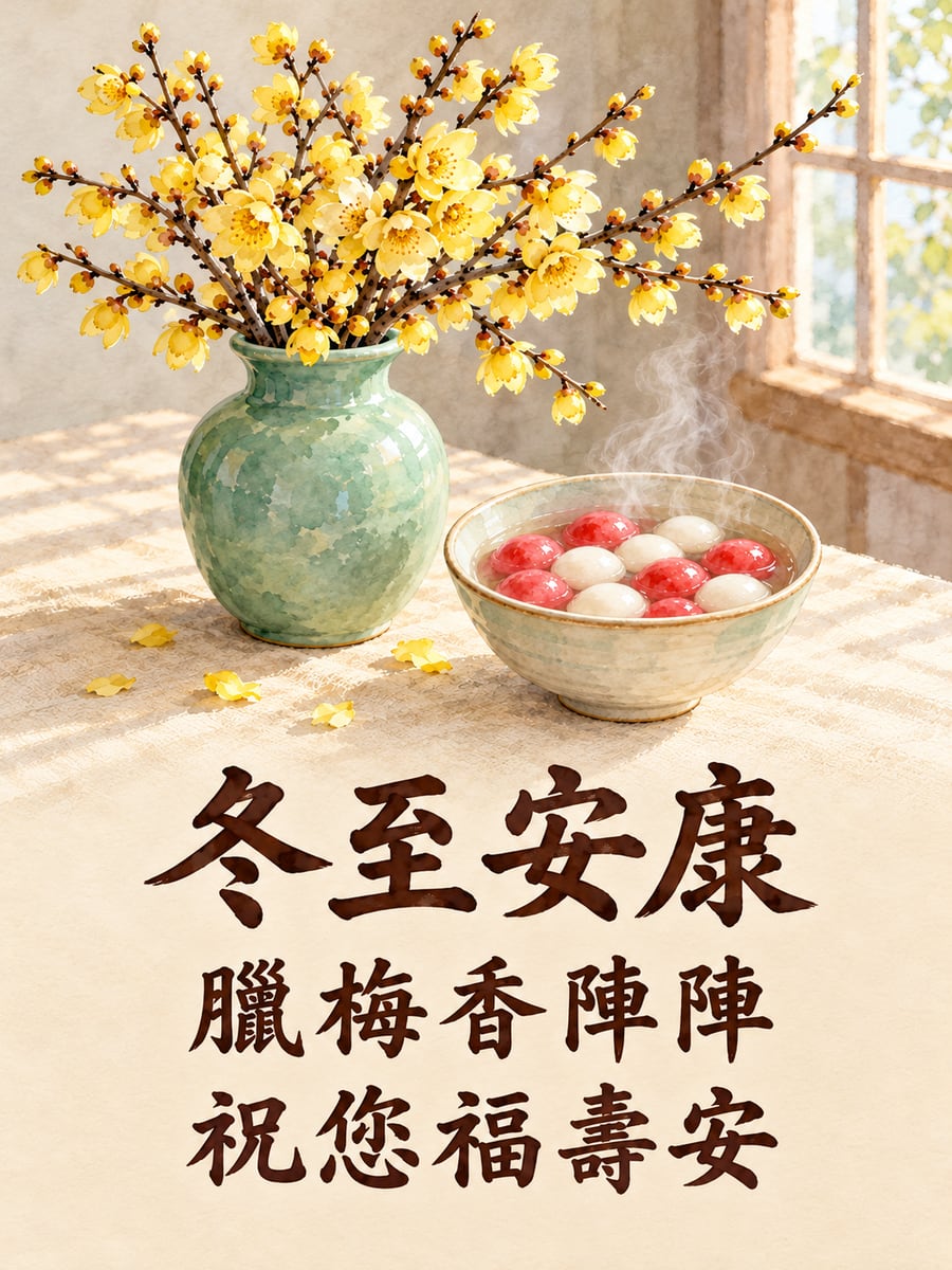 臘梅枝與一碗湯圓。圖中文字：冬至安康，臘梅香陣陣，祝您福壽安