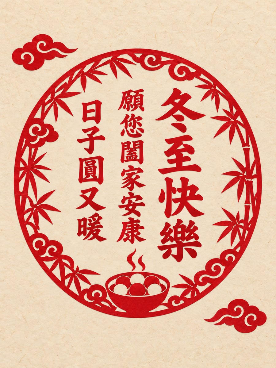 圓形剪紙框裡的一碗湯圓。圖中文字：冬至快樂，願您闔家安康，日子圓又暖