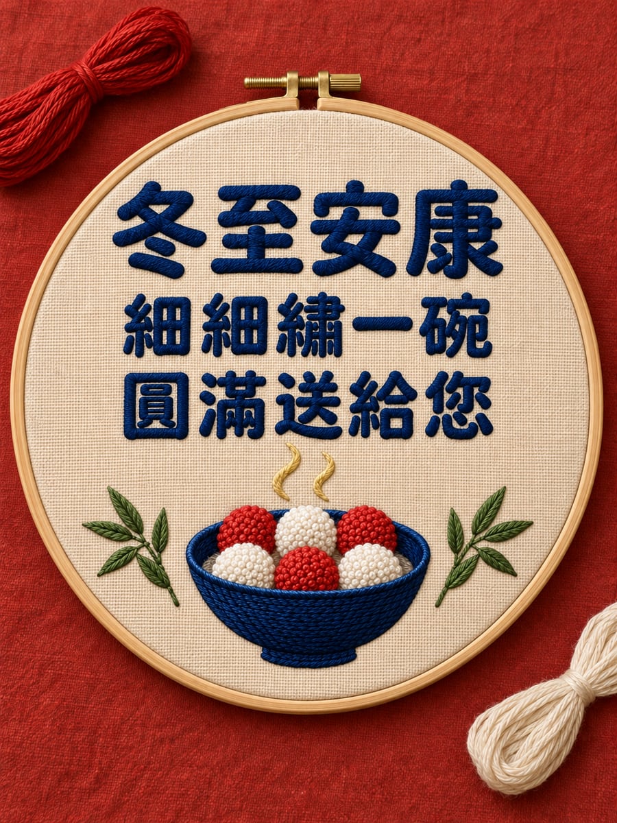 繡框裡的一碗湯圓。圖中文字：冬至安康，細細繡一碗，圓滿送給您