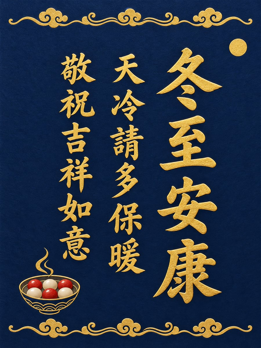 藏青燙金雲紋直排字卡。圖中文字：冬至安康，天冷請多保暖，敬祝吉祥如意