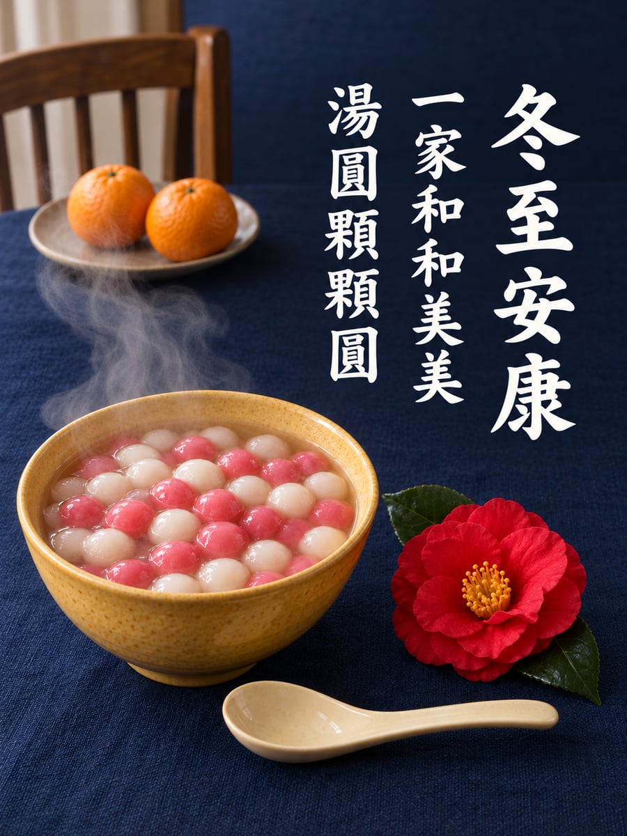 薑黃陶碗湯圓與一朵茶花。圖中文字：冬至安康，一家和和美美，湯圓顆顆圓