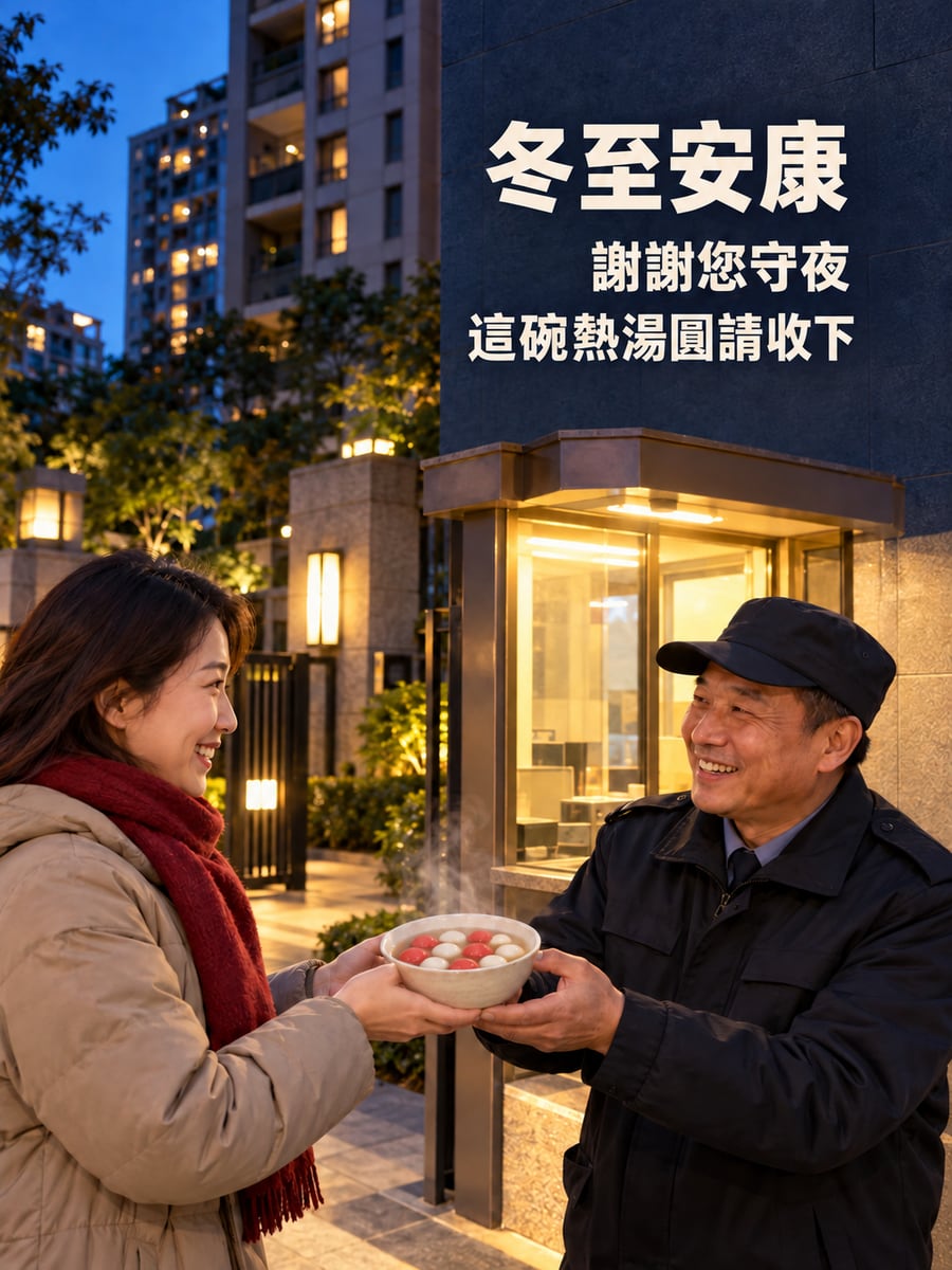 送給守夜警衛的熱湯圓。圖中文字：冬至安康，謝謝您守夜，這碗熱湯圓請收下