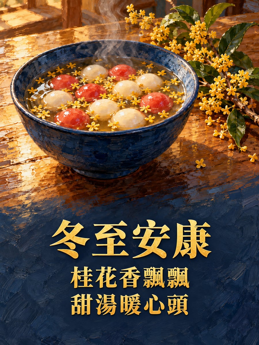 桂花甜湯裡的湯圓。圖中文字：冬至安康，桂花香飄飄，甜湯暖心頭
