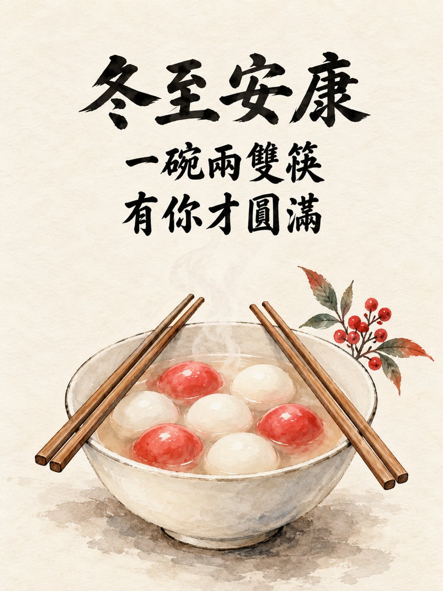 一碗兩雙筷。圖中文字：冬至安康，一碗兩雙筷，有你才圓滿