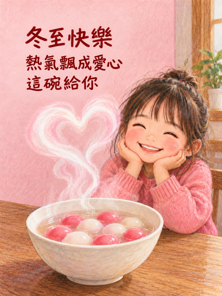蒸氣飄成愛心。圖中文字：冬至快樂，熱氣飄成愛心，這碗給你