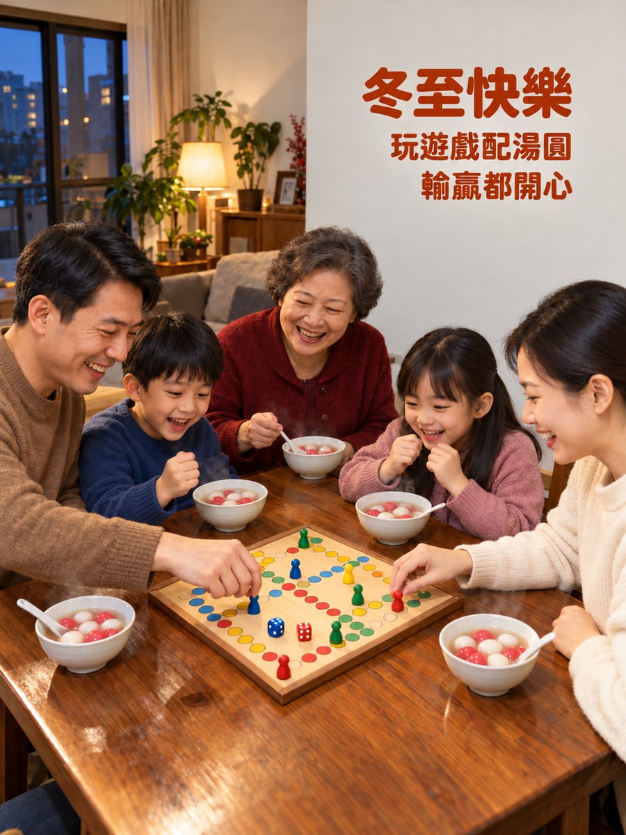 桌遊旁的一人一碗。圖中文字：冬至快樂，玩遊戲配湯圓，輸贏都開心