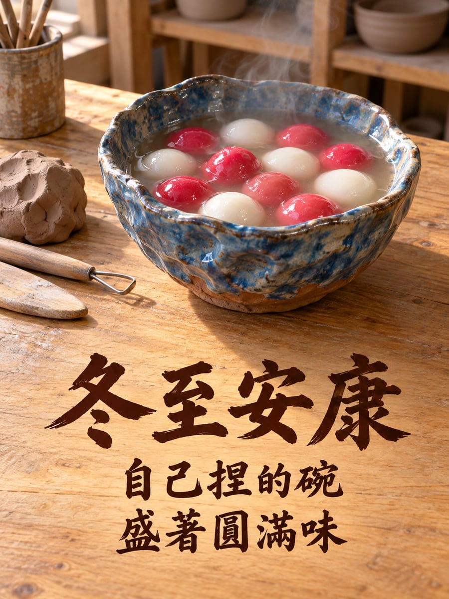手捏陶碗盛湯圓。圖中文字：冬至安康，自己捏的碗，盛著圓滿味
