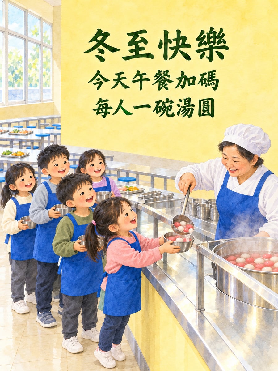 營養午餐的湯圓。圖中文字：冬至快樂，今天午餐加碼，每人一碗湯圓