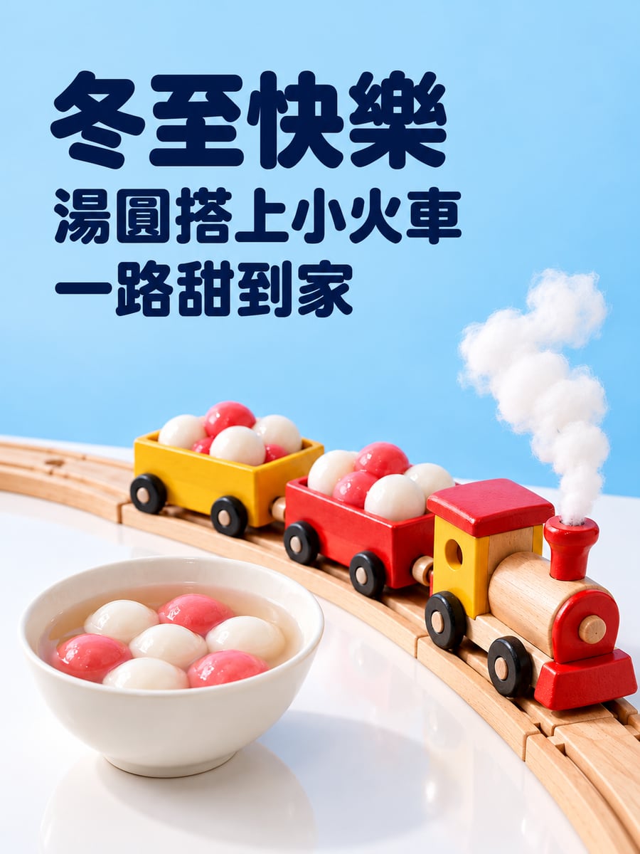 載著湯圓的木頭小火車。圖中文字：冬至快樂，湯圓搭上小火車，一路甜到家