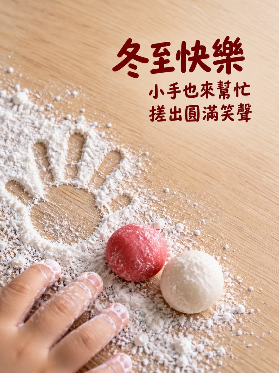 麵粉桌上的小手印。圖中文字：冬至快樂，小手也來幫忙，搓出圓滿笑聲