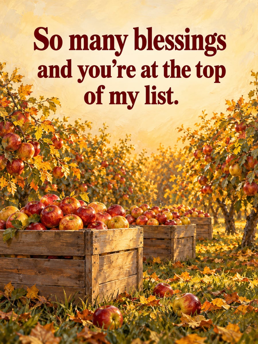 Thanksgiving greeting image: apple orchard, apple crates, red apples. It says “So many blessings” and “and you’re at the top of my list.”