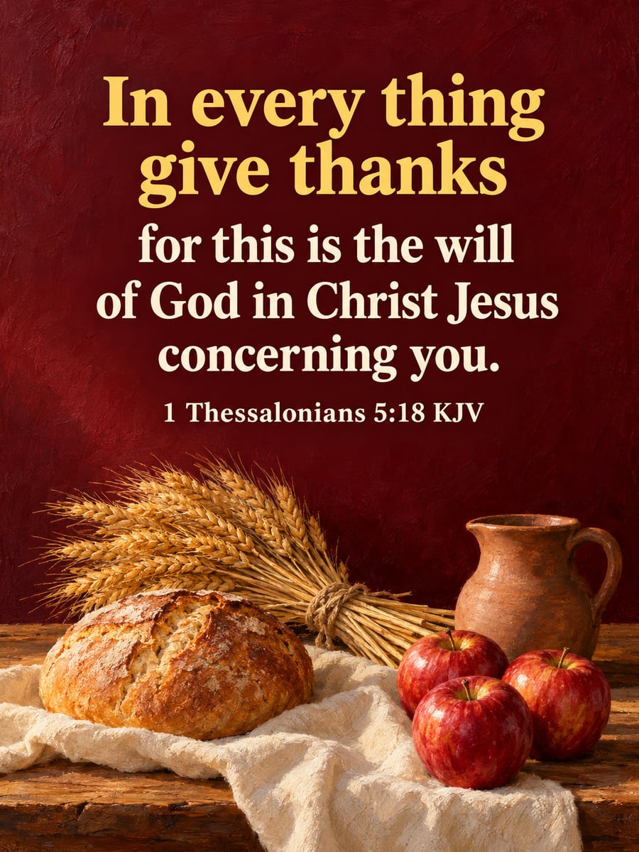 Thanksgiving greeting image: bread, wheat, pitcher, apples. It says “In every thing give thanks” and “for this is the will of God in Christ Jesus concerning you.”