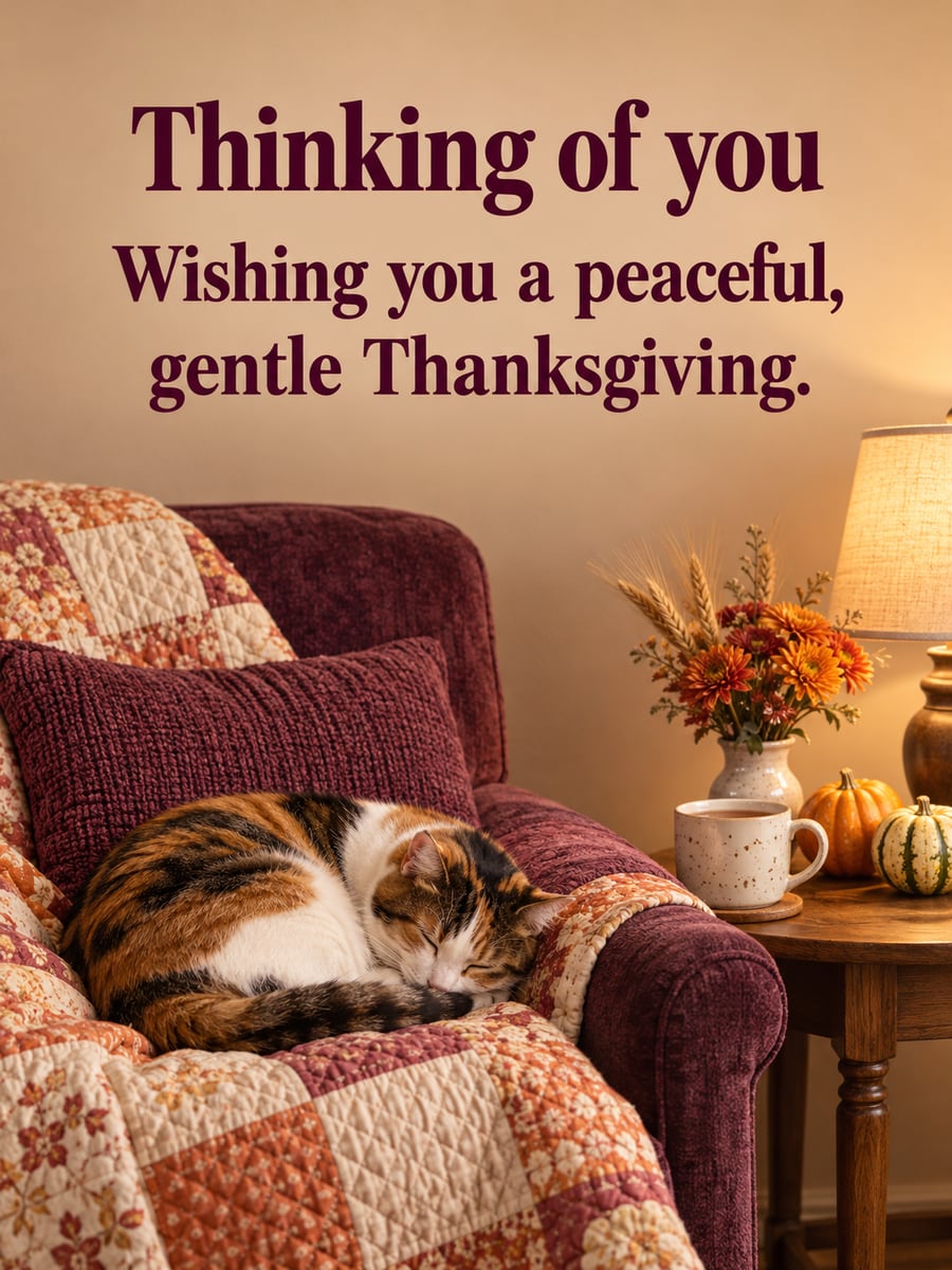 Thanksgiving greeting image: calico cat, quilt, armchair, cup of tea. It says “Thinking of you” and “Wishing you a peaceful, gentle Thanksgiving.”