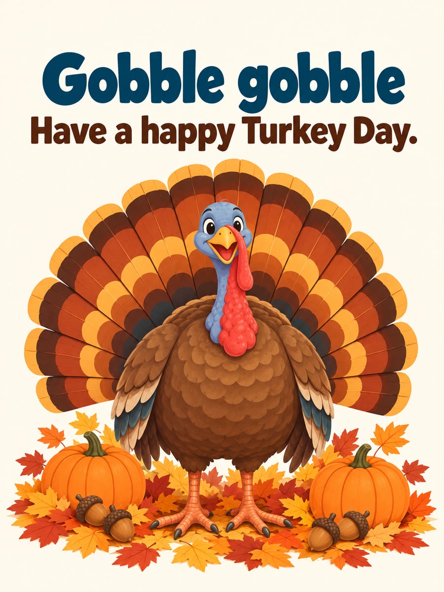 Thanksgiving greeting image: turkey, fall leaves, pumpkins, acorns. It says “Gobble gobble” and “Have a happy Turkey Day.”