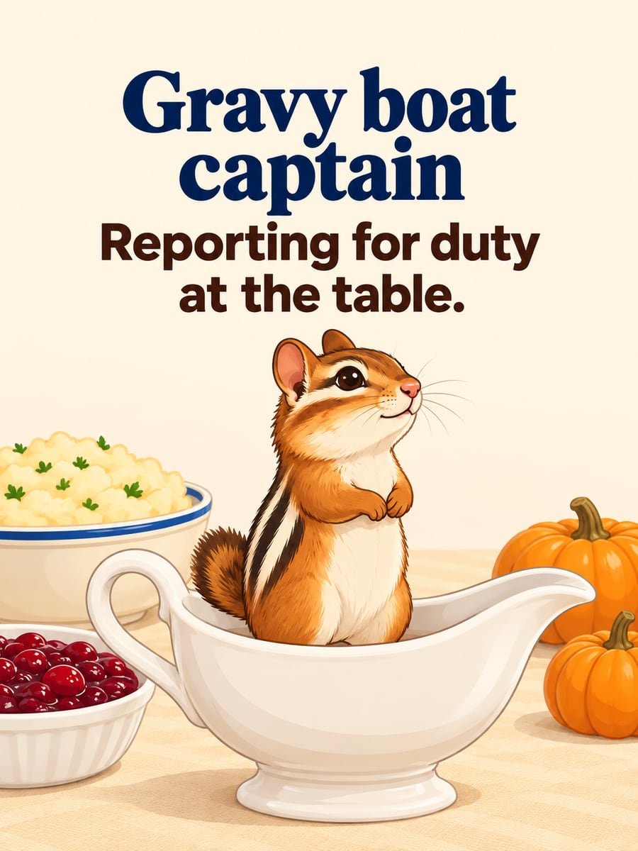 Thanksgiving greeting image: chipmunk, gravy boat, mashed potatoes, cranberry sauce. It says “Gravy boat captain” and “Reporting for duty at the table.”