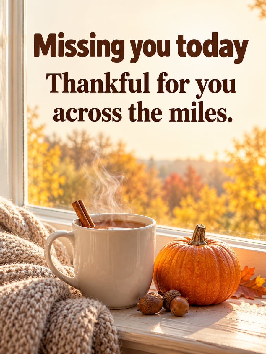 Thanksgiving greeting image: hot apple cider, mug, pumpkin, knit blanket. It says “Missing you today” and “Thankful for you across the miles.”