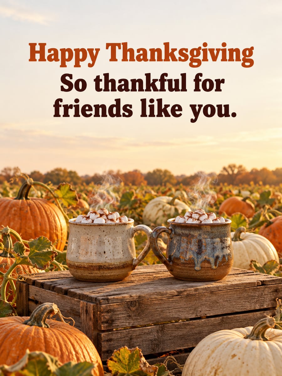Thanksgiving greeting image: hot cocoa, mugs, pumpkin patch, wooden crate. It says “Happy Thanksgiving” and “So thankful for friends like you.”