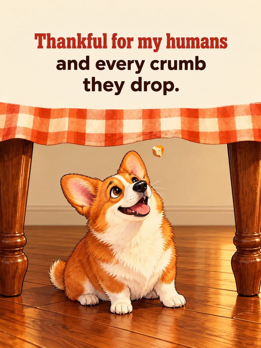 Thanksgiving greeting image: corgi, dinner roll, tablecloth. It says “Thankful for my humans” and “and every crumb they drop.”
