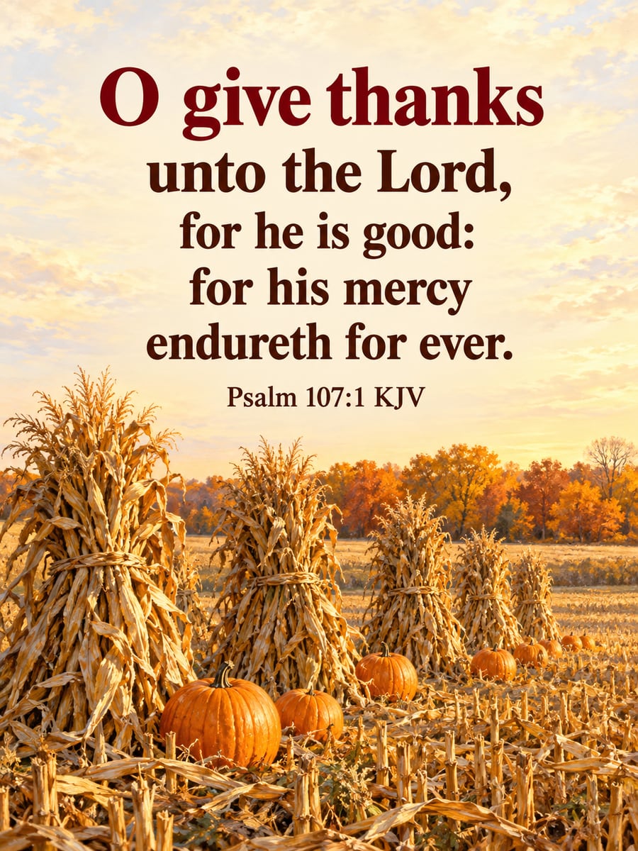 Thanksgiving greeting image: corn shocks, pumpkins, harvested field. It says “O give thanks” and “unto the Lord, for he is good: for his mercy endureth for ever.”