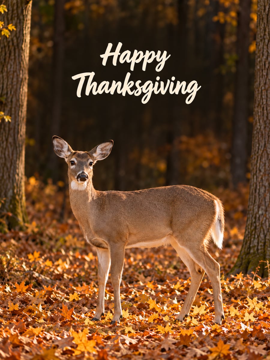 Thanksgiving greeting image: white-tailed deer, oak woods, fall leaves. It says “Happy Thanksgiving”