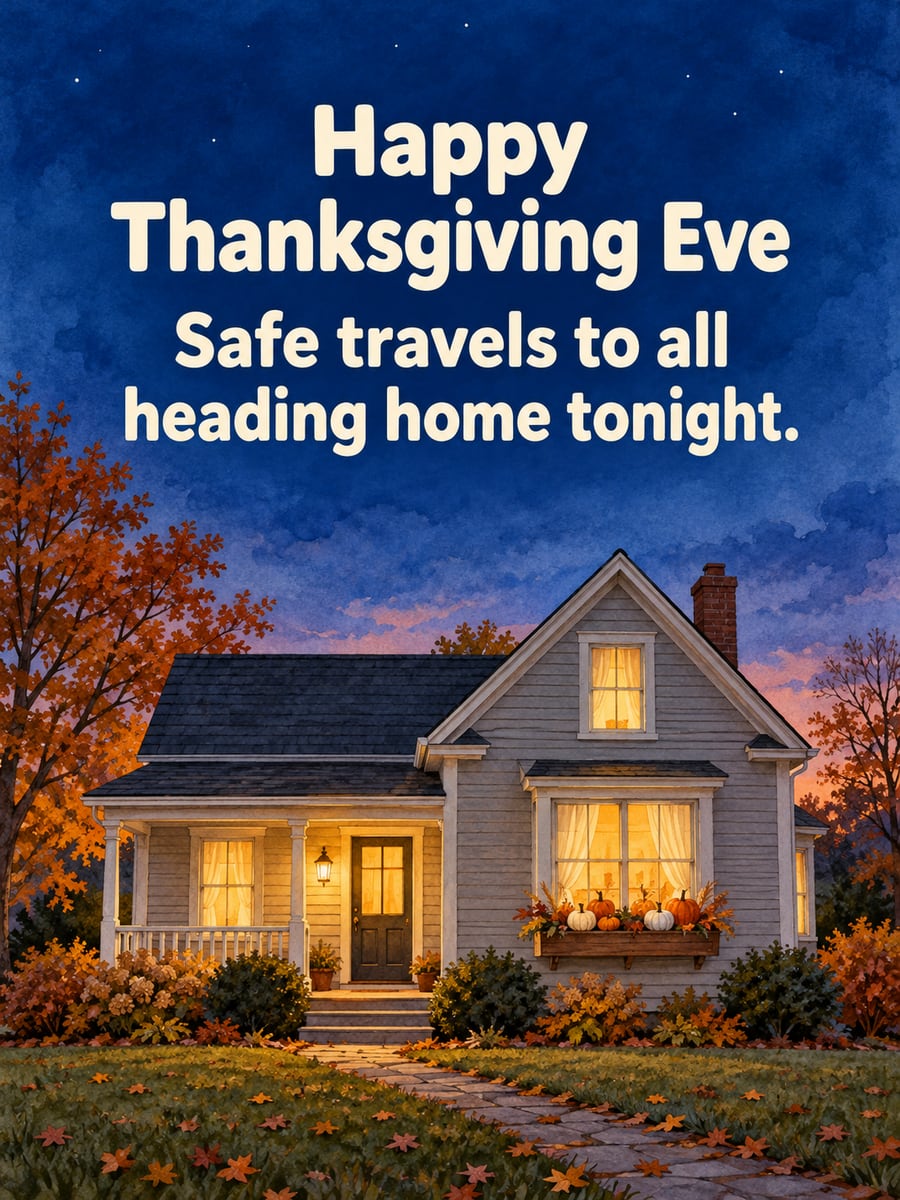 Thanksgiving greeting image: glowing window, window box, pumpkins, farmhouse. It says “Happy Thanksgiving Eve” and “Safe travels to all heading home tonight.”