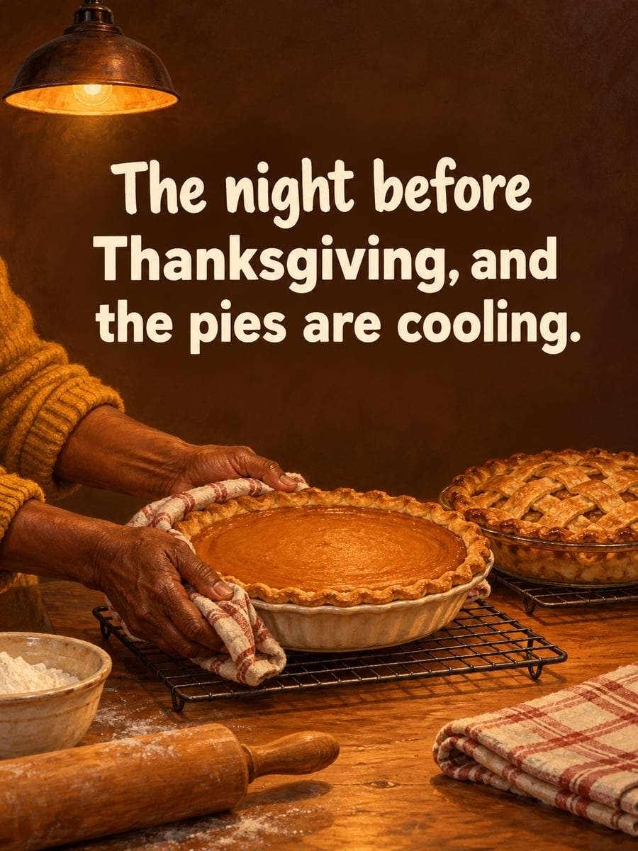 Thanksgiving greeting image: pumpkin pie, apple pie, grandmother hands, kitchen. It says “The night before” and “Thanksgiving, and the pies are cooling.”