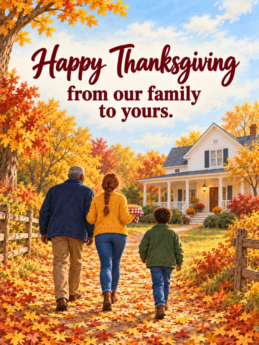 Thanksgiving greeting image: family, farmhouse, pie, autumn path. It says “Happy Thanksgiving” and “from our family to yours.”