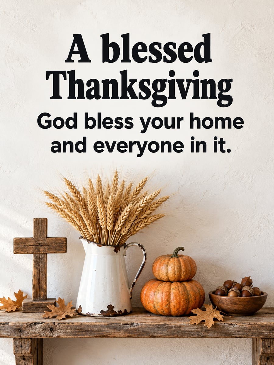 Thanksgiving greeting image: wooden cross, wheat, enamel pitcher, heirloom pumpkins. It says “A blessed Thanksgiving” and “God bless your home and everyone in it.”