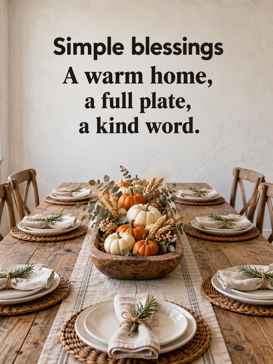 Thanksgiving greeting image: farmhouse table, dough bowl, mini pumpkins, wheat. It says “Simple blessings” and “A warm home, a full plate, a kind word.”