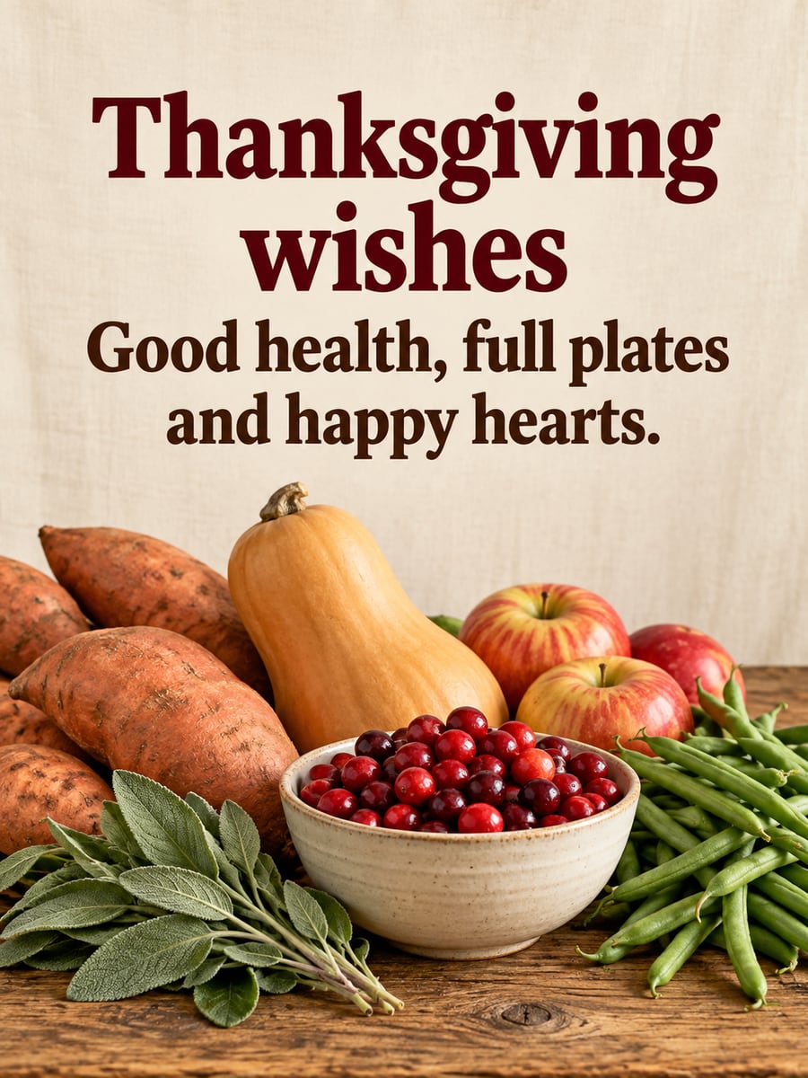 Thanksgiving greeting image: sweet potatoes, butternut squash, cranberries, green beans. It says “Thanksgiving wishes” and “Good health, full plates and happy hearts.”