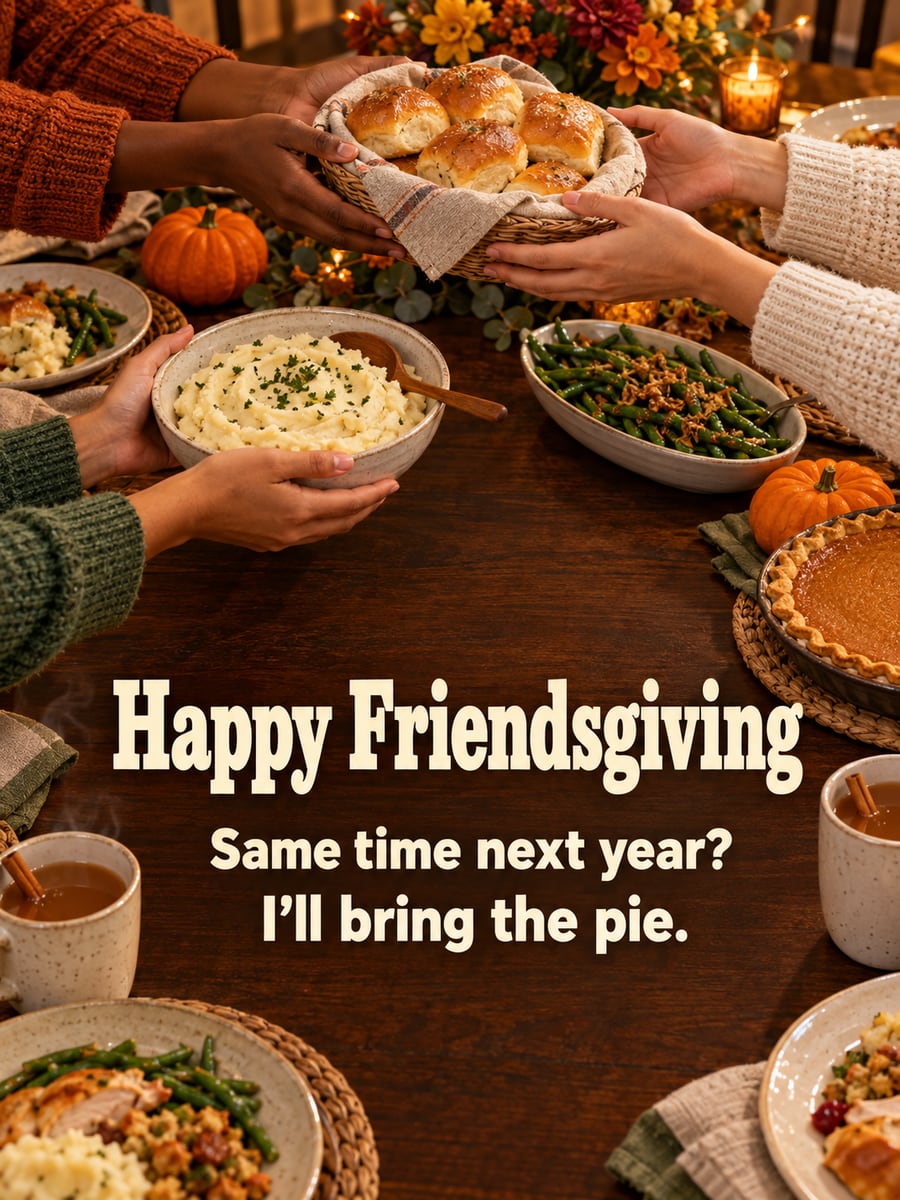 Thanksgiving greeting image: dinner rolls, mashed potatoes, pumpkin pie, friends. It says “Happy Friendsgiving” and “Same time next year? I’ll bring the pie.”