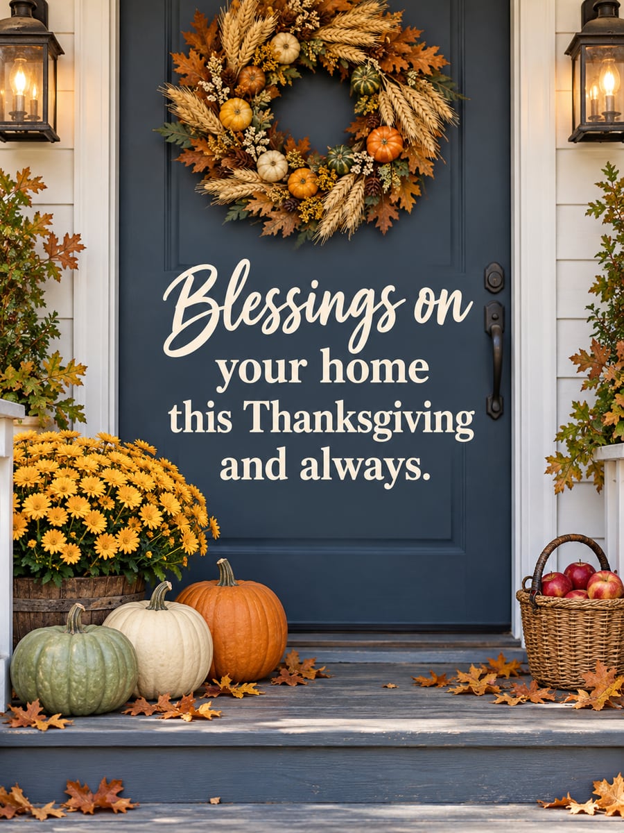Thanksgiving greeting image: front door, wheat wreath, heirloom pumpkins, mums. It says “Blessings on your home” and “this Thanksgiving and always.”