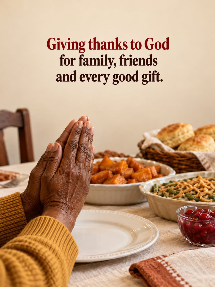 Thanksgiving greeting image: praying hands, thanksgiving table, sweet potatoes, cranberry sauce. It says “Giving thanks to God” and “for family, friends and every good gift.”