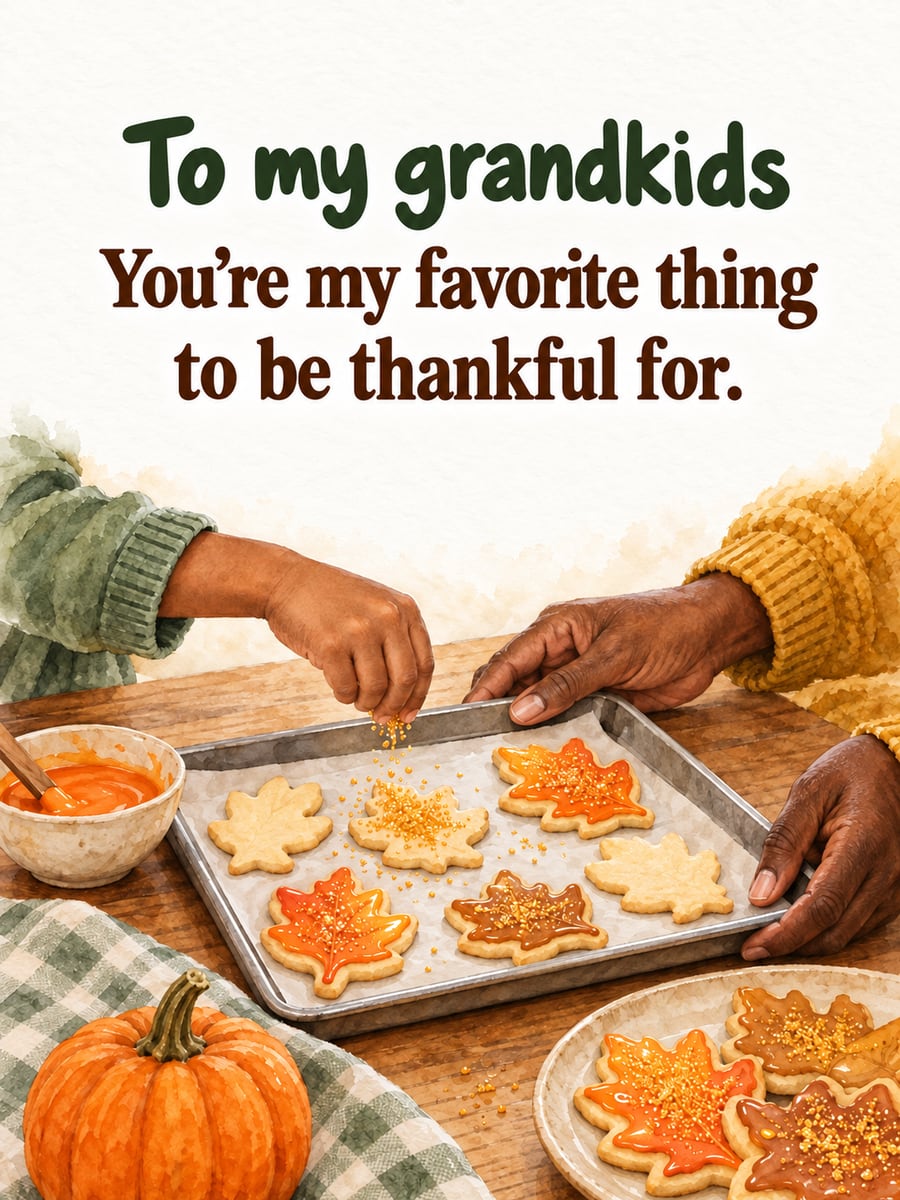 Thanksgiving greeting image: grandmother, grandchild, leaf cookies, kitchen table. It says “To my grandkids” and “You’re my favorite thing to be thankful for.”